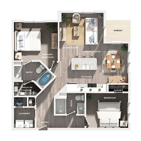 Floor plan for 2 beds, 2 baths, 1039 sqft